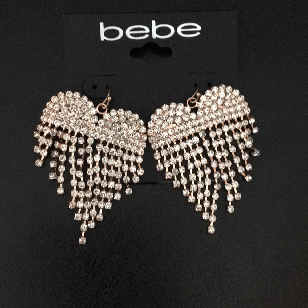 bebe Chandelier Heart Earrings Crystals on Gold